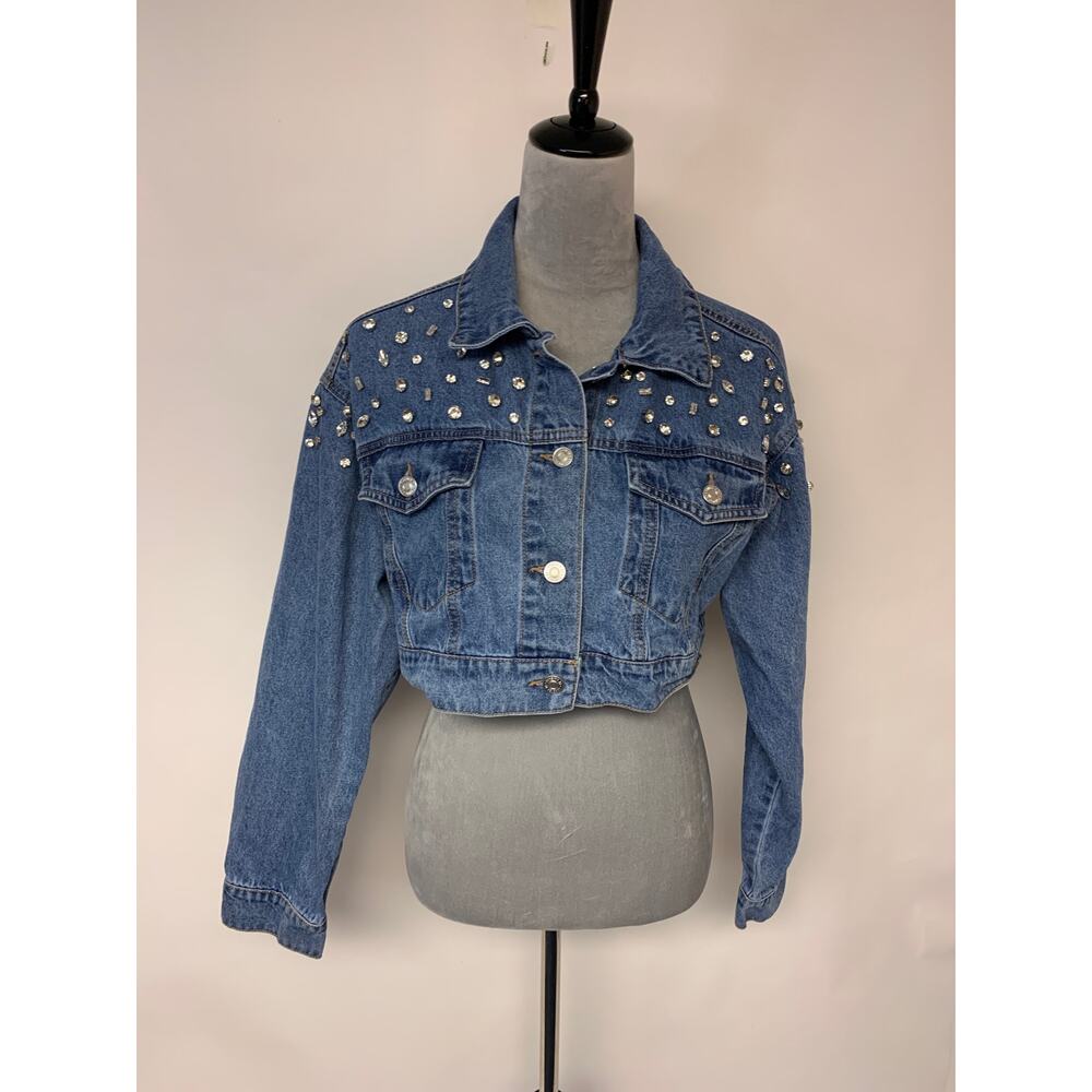 Forever 21 Denim Jacket Embellished Sequins Whimsical Boho Cowgirl Womens SZ M